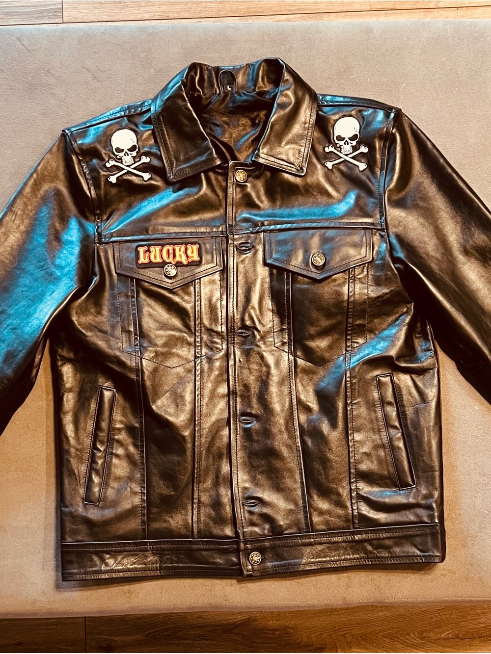 Levi's Black Faux Leather Bomber Jacket with Skull Patches